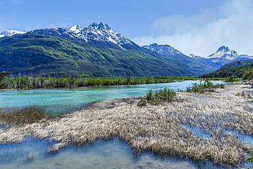 Castillo mountain range and Ibanez River wide valley viewed from the Pan-American Highway, Aysen Region, Patagonia, Chile, South America