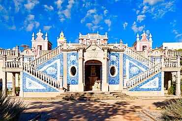 Staircase and azulejos, Estoi Palace garden, Estoi, Loule, Faro district, Algarve, Portugal, Europe