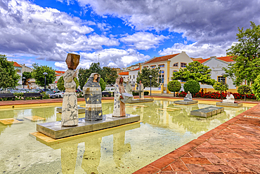 Square Al Muthamid with fountains and modern sculptures, Silves, Algarve, Portugal, Europe