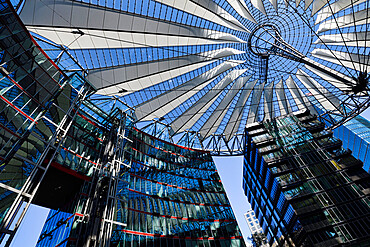 Tented glass roof dome with skyscrapers of the Sony Center, Potsdam Square, Berlin, Germany, Europe