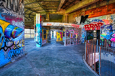 Walls covered with paintings and graffiti, interior of the former Panoramic restaurant, Monsanto, Lisbon, Portugal, Europe