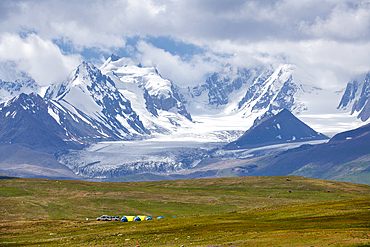 Camp at the base of Kizil-Asker glacier, Kakshaal Too in the Tian Shan mountain range near the Chinese border, Naryn Region, Kyrgyzstan, Central Asia, Asia