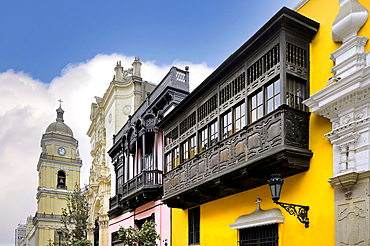 Balcony of the Goyeneche House and San Pedro Church, Lima, Peru, South America