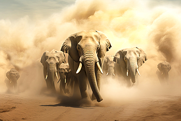 AI Generated image of African elephants (Loxodonta africana) running in front of a desert sandstorm, Africa