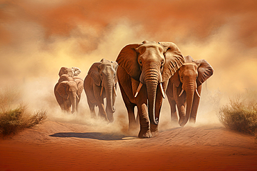 AI Generated image of African elephants (Loxodonta africana) running in front of a desert sandstorm, Africa