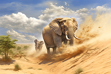 AI Generated image of two African elephants (Loxodonta africana) running in the desert, Africa