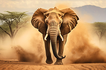 AI Generated image of African elephant (Loxodonta africana) in front of a desert sandstorm, Africa