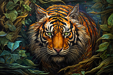 Close up of a tiger in fantasy multicolored style, AI Generated