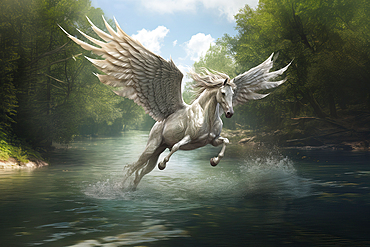 Legendary Pegasus winged horse of the Greek Mythology running through water with open wings, AI Generated