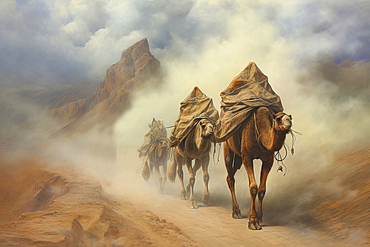 Camel caravan in a sandstorm in the desert, AI Generated, Middle East