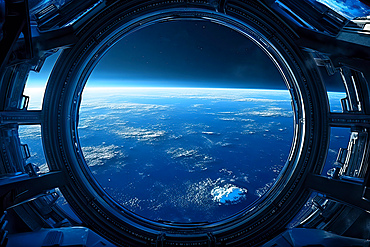 The Blue planet (Earth) viewed from the window of a spaceship, AI Generated