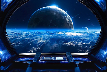 The Blue planet (Earth) viewed from the window of a spaceship, AI Generated