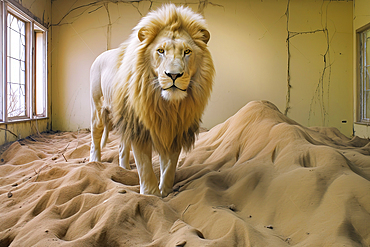 AI generated image of male Lion in an abandoned house in a desert ghost town, Namibia, Africa