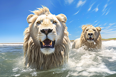 AI generated image of male Lions swimming in the ocean, Namibia, Africa