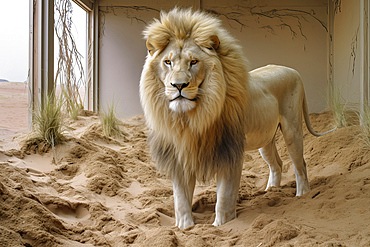 AI generated image of a Male Lion in an abandoned house in a desert ghost town, Namibia, Africa