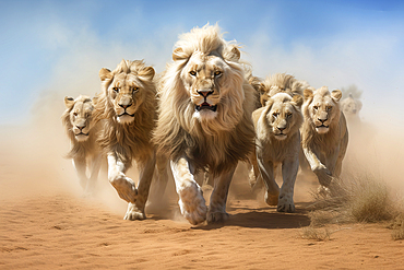 AI generated image of male lions running in the desert, Namibia, Africa