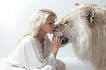 Beautiful young woman with long blonde hair with her white pet lion, AI generated