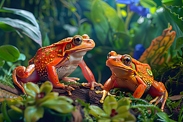 AI generated image of two tomato frogs on leaves, Madagascar, Africa