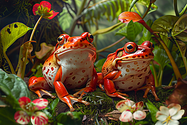 AI generated image of two tomato frogs on leaves, Madagascar, Africa