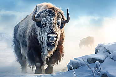 AI generated image of a large male bison covered with ice walking in snow, Canada, North America