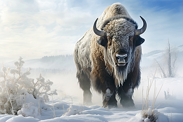 AI generated image of a large male bison covered with ice walking in snow, Canada, North America