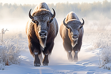 AI generated image of a herd of bison covered with ice walking in snow, Canada, North America