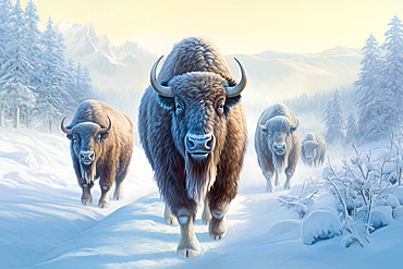 AI generated image of a herd of bison covered with ice walking in snow, Canada, North America