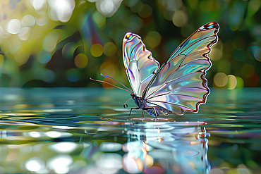 AI generated image of a beautiful stylized colored crystal butterfly on water