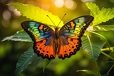 AI generated image of a stylized beautifully multicolored Madagascar sunset butterfly in natural leafy environment, Ecuador