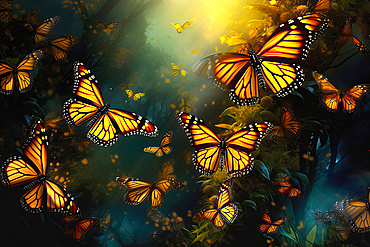 AI generated image of a big group of stylized yellow monarch butterflies flying in a natural forest environment, Ecuador