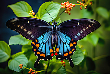 AI generated image of a beautiful stylized blue pipevine swallowtail butterfly in natural leafy environment, Ecuador