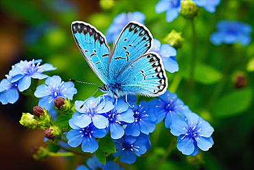 AI generated image of a beautiful stylized blue butterfly on natural flowers, Ecuador