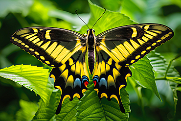 AI generated image of a beautiful stylized swallowtail butterfly in natural leafy environment, Ecuador