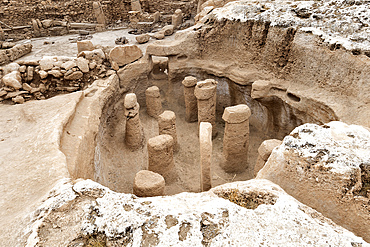 Neolithic archaeological site of Karahan Tepe, circular stone structure with T Shape pillars, Sanliurfa, Turkey, Asia Minor, Asia