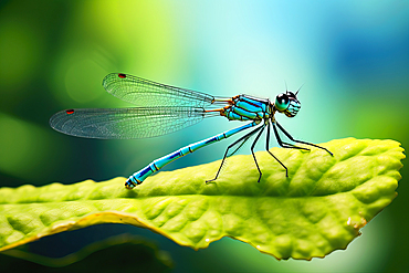 AI generated image of a Close up of a male blue tailed damselfly (common damselfly) on a green leaf