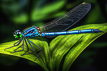 AI generated image of a Close up of a male blue tailed damselfly (common damselfly) on a green leaf