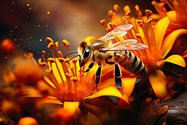 AI generated image of a Stylized Honeybee foraging flowers