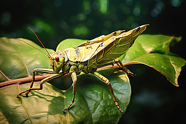 AI generated image of a Stylized grasshopper on a leaf