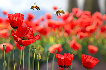 AI generated image of Honeybees flying above a red poppy field