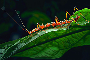 AI generated image of a Stylized red stick insect on a green leaf