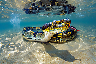 AI generated image of a Large anaconda swimming under water