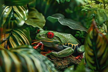 AI generated image of a Stylized green tree frog with red eyes, America