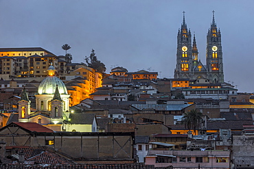 Basilica of the National Vow at night, Quito, UNESCO World Heritage Site, Pichincha Province, Ecuador, South America