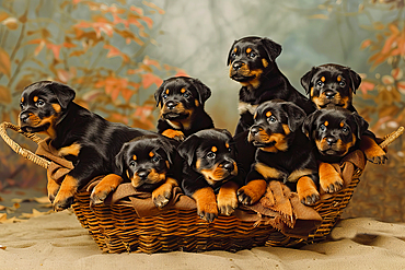 AI generated image of a Litter of rottweilers lying down in a wicker basket