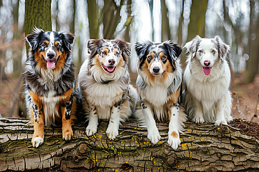 AI generated image of young Australian shepherd dogs seated on tree trunk