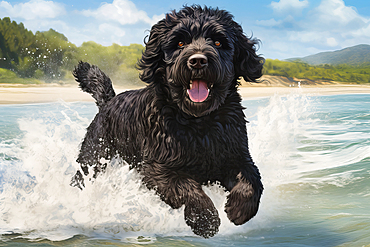 AI generated image of an Adult Portuguese waterdog in the water