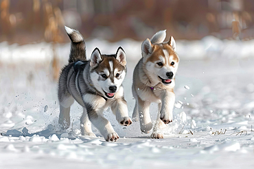 AI generated image of Two cute Alaskan Husky pups running in snow