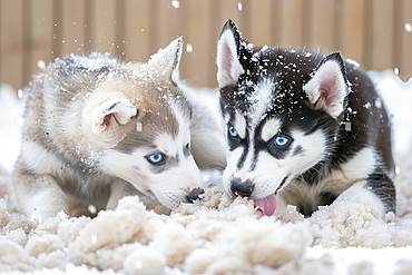 AI generated image of Two cute Alaskan Husky pups licking snow