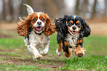 AI generated image of Two cute Cavalier King Charles Spaniel pups running playfully