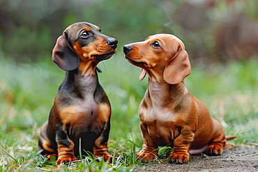 AI generated image of Two cute Dachshund pups looking at each other